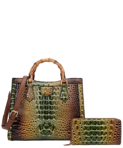 2in1 Crocodile Bamboo Handle Tie-dyed Satchel & Wallet CE-9160W BROWN